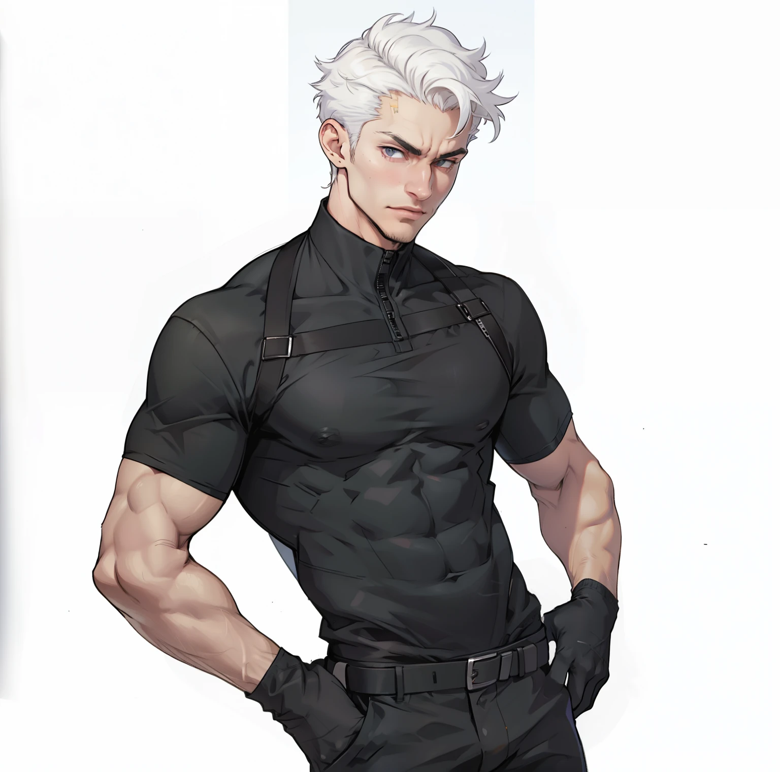 1 man, Detailed face,White hair,White skin , Short black sleeves,Abdominal muscles,Chest muscles,Business suit,, Pants