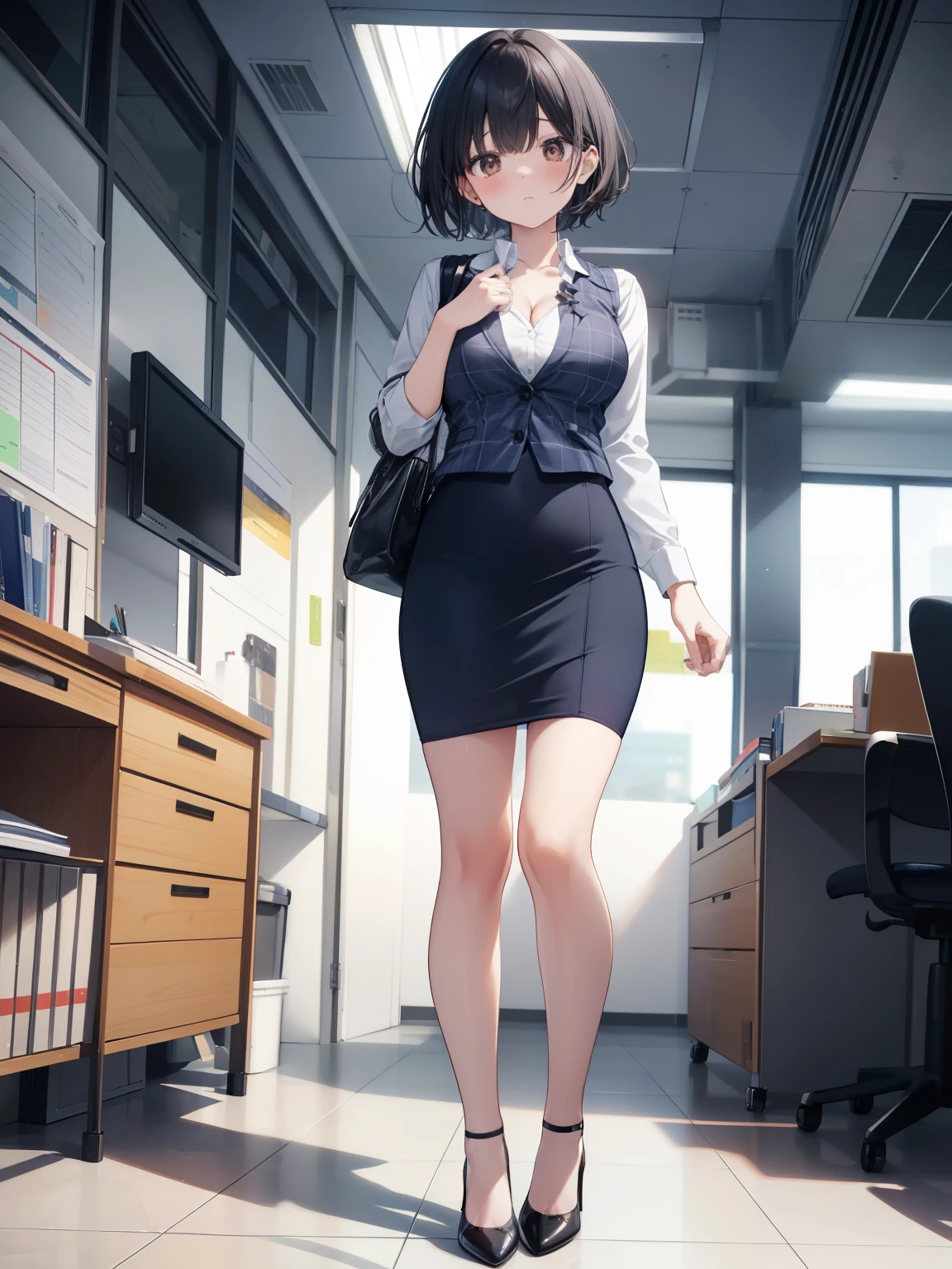 highest quality, Flying debris、Beautiful woman、officeレディー、Black Hair、(Brown eyes、Big Breasts)、short hair、チェック柄のダークブルーのofficeスーツ)、new employee,Full Body Shot、Female office lady、break(Dark blue checked vest、White dress shirt、Navy blue mini tight pencil skirt:1.2)、(Black knee-high、Absolute area、High heels)、break(office:1.3)、Cleavage、Unbutton your shirt、blush、Embarrassed、Troubled face、The skirt is torn、Standing posture