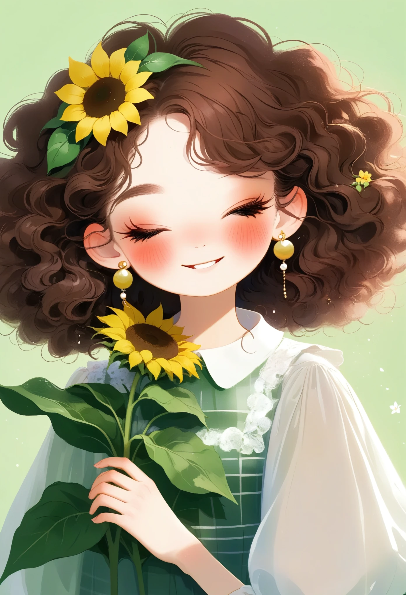 1girl, solo, blush, smile, open_mouth, simple_background, brown_hair, shirt, long_sleeves, dress, holding, jewelry, closed_eyes, white_shirt, upper_body, flower, earrings, teeth, puffy_sleeves, bag, leaf, facing_viewer, puffy_long_sleeves, green_background, curly_hair, yellow_flower, sunflower, holding_flower, flower_earrings