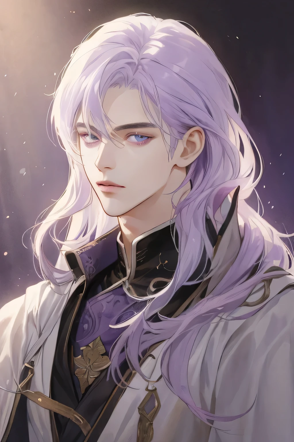 (Best quality),young,1 man, male, cute, very tall, elegant, ((( long lilac hair))), purple eyes, perfect eyes, lilac long hair, medieval fantasy style, richly textured background, soft lighting, portrait style, painting style, deep colors, half body, look at camera