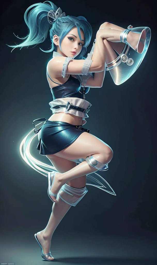 Blue Hair Surrealism, Character table, Reference Table, Standing painting, 8k, Super Detail, 1080P, Women HD, 4K, 8k, 16k, high resolution, best quality, high quality, Anatomically correct, masterpiece, precise, Ultra HD，grace，Unreal Engine，Delicate face，Long braids，slim，Long legs，miniskirt