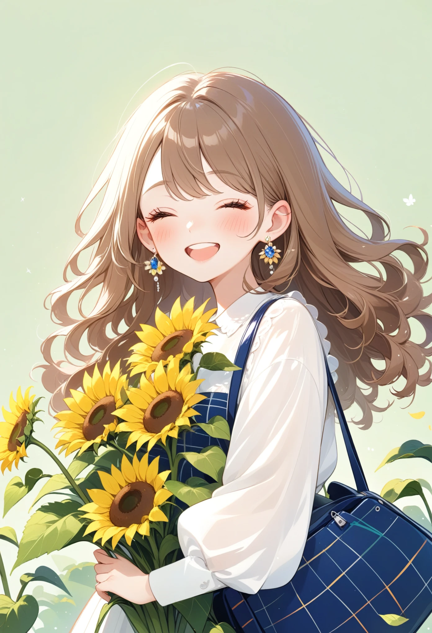 1girl, solo, blush, smile, open_mouth, simple_background, brown_hair, shirt, long_sleeves, dress, holding, jewelry, closed_eyes, white_shirt, upper_body, flower, earrings, teeth, puffy_sleeves, bag, leaf, facing_viewer, puffy_long_sleeves, green_background, curly_hair, yellow_flower, sunflower, holding_flower, flower_earrings