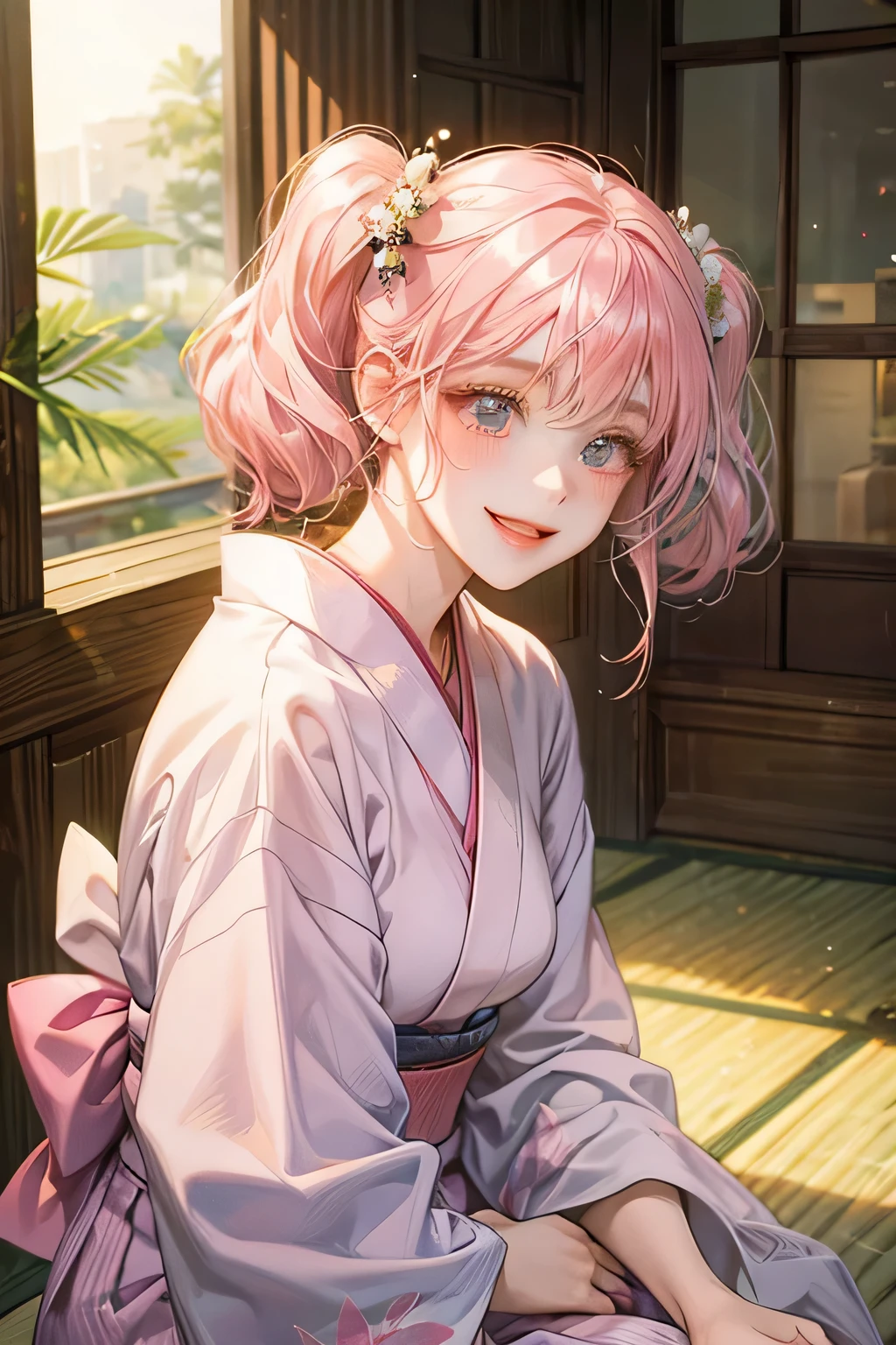 Best Quality,Girl in yukata,Twin tails,smile,Pink Hair