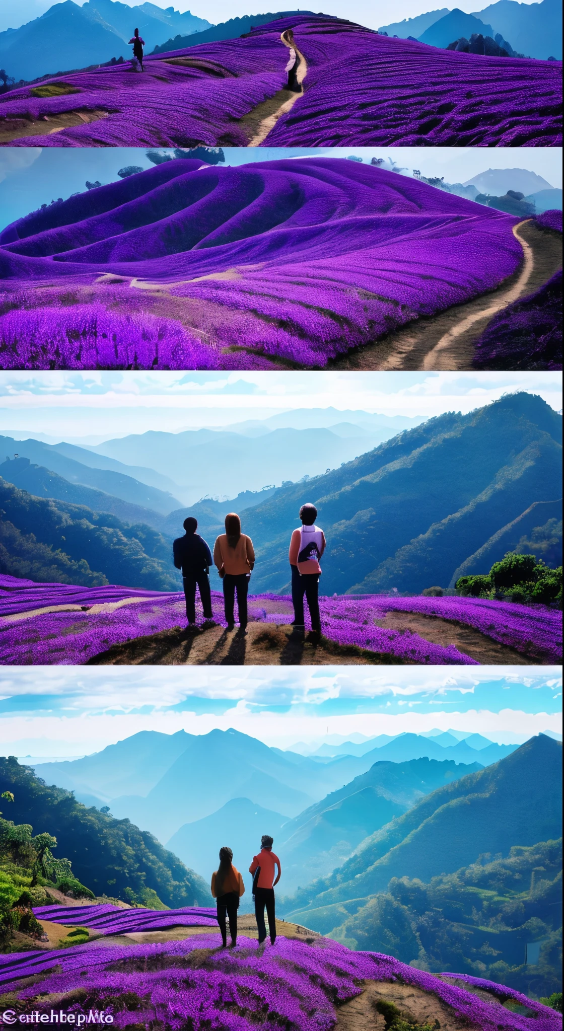 Two people having a conversation at the top of a purple mountain