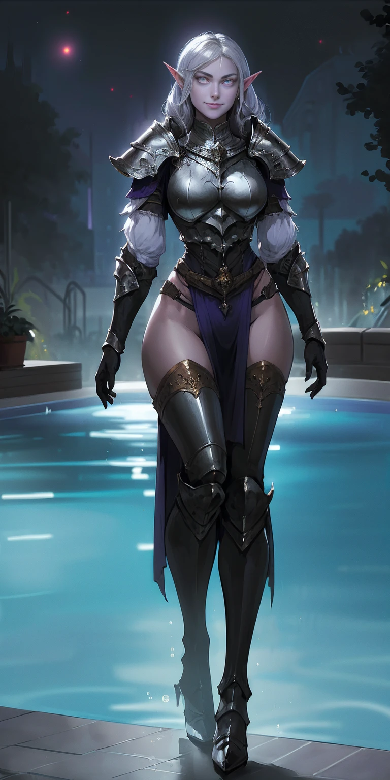 masterpiece, best quality, high quality, 1solo Female Drow Elf Gray skin smile, white silver hair and violet eyes, full body, breastplate, looking at viewer, shiny, armor, thigh highs, high boots, shoulder armor, faulds, poleyn, gloves, gauntlets, (((1 girl))), medium to large breasts, a beautiful and cute lady, standing, (((in the pool at night))), (big muscular ass), {{{wearing TIGER BIKINI ARMOR}}} (thin waist), (incredibly beautiful full body photo, standing, (((bright eyes))), good anatomy, perfect hand muscular legs))), thin waist, muscular abdomen, wearing black high heel shoes