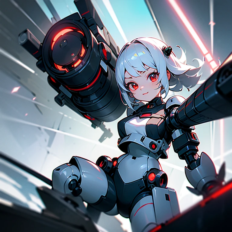 The android girl on the right (white hair, broken armor, extremely cute, lightsaber in left hand, beam rifle in right hand, , , big eyes, inappropriate smiling expression, mouth open) ,AND, on the left Robot (powerful, black body, red eyes, lumpy, mechanical, doll robot, two hands are hammers),overquality,HD