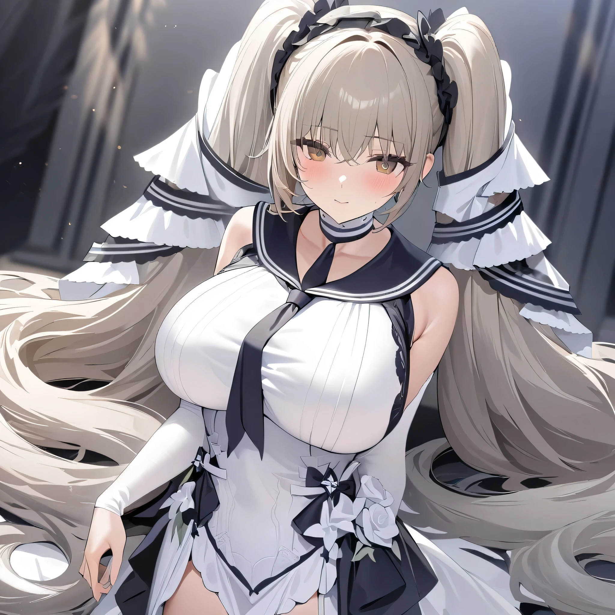 (masterpiece),(best quality),(ultra-detailed),(best illustration),(best shadow),(absurdres),(detailed background),(very aesthetic), formidable, 1girl, long hair, absurdly long hair, dress, solo, very long hair, breasts, twintails, white dress, official alternate costume, black footwear, simple background, high heels, black sailor collar, timeless_classics, upper body