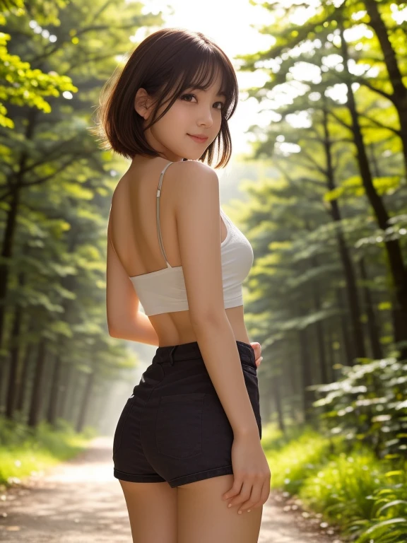 masterpiece, highest quality, High resolution, wallpaper, Realistic, Bright lighting, Professional Lighting, Face Light, Smooth lighting, Japanese Girls, ((Whole body 1.4)),Shot from behind,Face facing the viewer, cute, smile, beautiful girl, gravure, sexy, so beautiful, Beautiful Skin, Beautiful and detailed、Detailed face、slim、Moderate, short hair, Brunette colored hair, Brown eyes, View your viewers,sexyな白いブラ, Short, tight shorts,Morning sun shining through a misty forest path.Small,