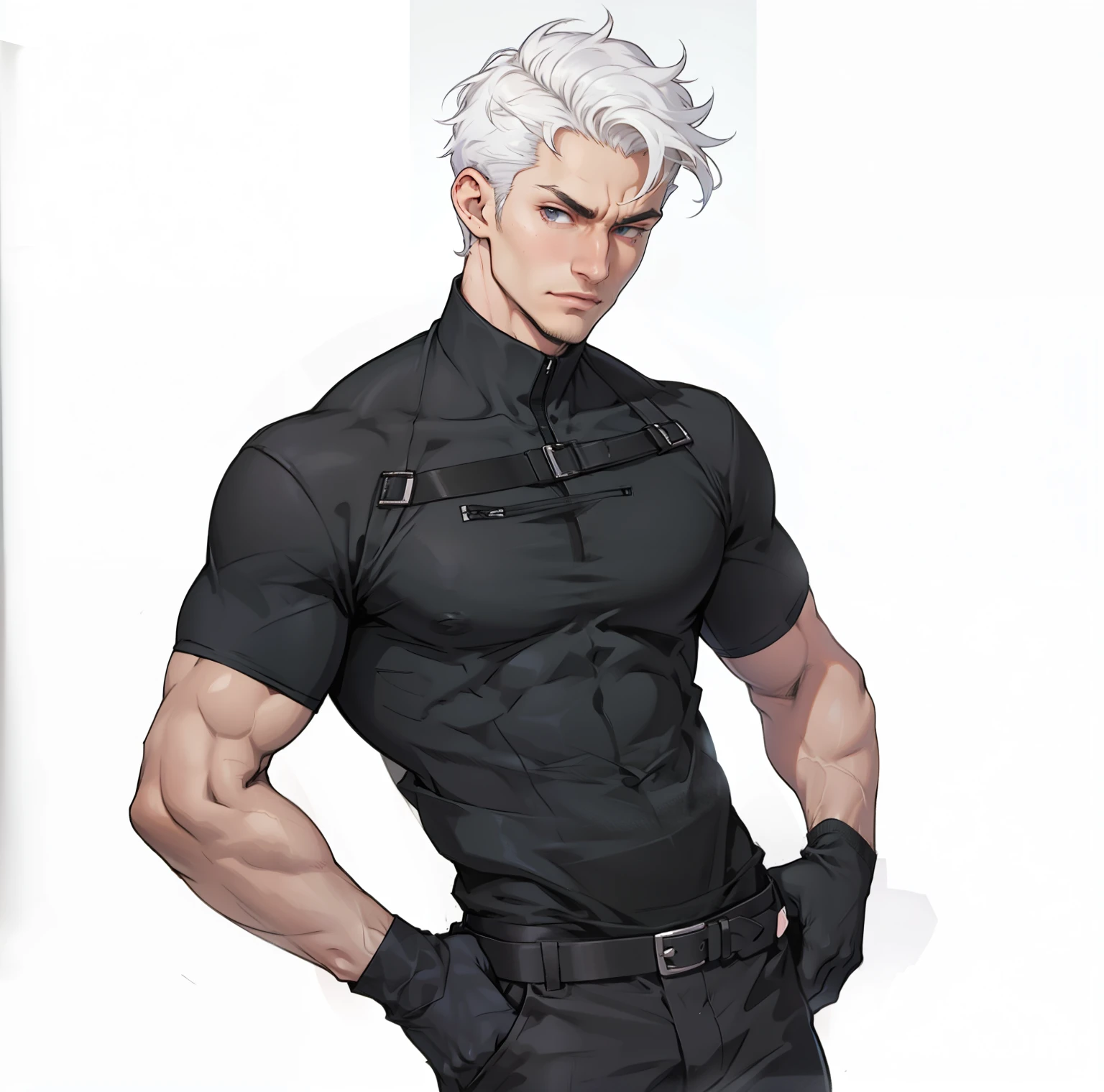 1 man, Detailed face,White hair,White skin , Black top,Abdominal muscles,Chest muscles,Business suit,, Pants