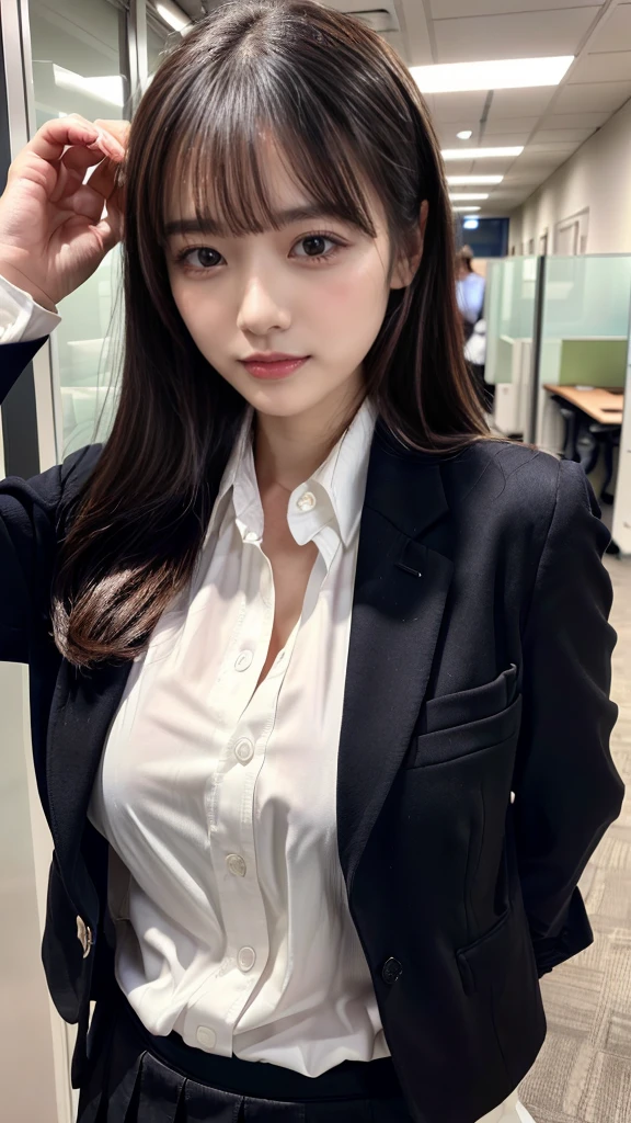 ((top-quality、8K、masterpiece:1.3))、1girl in、Beautiful woman Standing in the house:1.3、long-haired、Colossal tits、(Office Lady, ,Suit, Black Suit,Black jacket, white shirt, skirt:1.5)、Super delicate face、Delicat eyes、double eyelid、Close-up of upper body from below