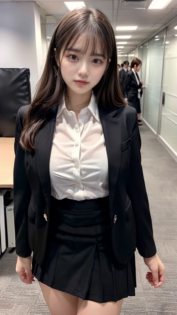 ((top-quality、8K、​masterpiece:1.3))、1girl in、Beautiful woman Standing in the house:1.3、long-haired、Colossal tits、(Office Lady, ,Suit, Black Suit,Black jacket, white shirt, skirt:1.5)、Super delicate face、Delicat eyes、double eyelid、Close-up of upper body from below