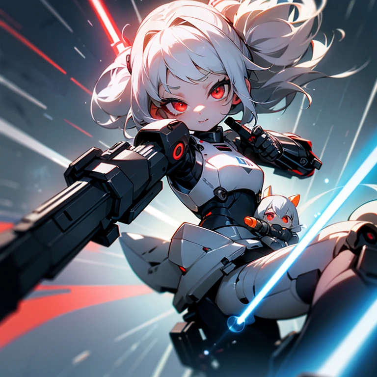 The android girl on the right (white hair, broken armor, extremely cute, lightsaber in left hand, beam rifle in right hand, , , big eyes, inappropriate smiling expression, mouth open) ,AND, on the left Robot (powerful, black body, red eyes, lumpy, mechanical, doll robot, two hands are hammers),overquality,HD