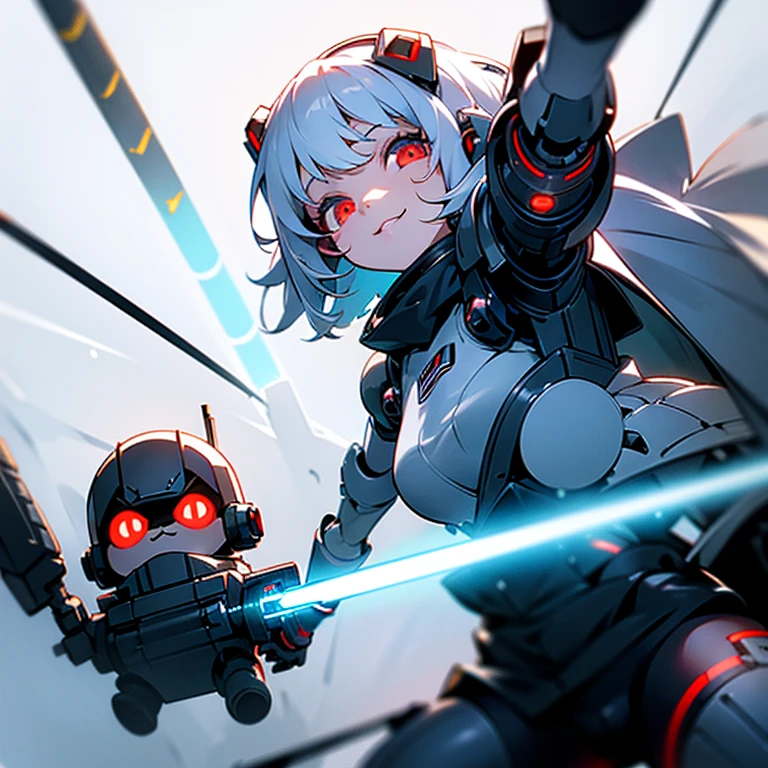 The android girl on the right (white hair, broken armor, extremely cute, lightsaber in left hand, beam rifle in right hand, , , big eyes, inappropriate smiling expression, mouth open) ,AND, on the left Robot (powerful, black body, red eyes, lumpy, mechanical, doll robot, two hands are hammers),overquality,HD