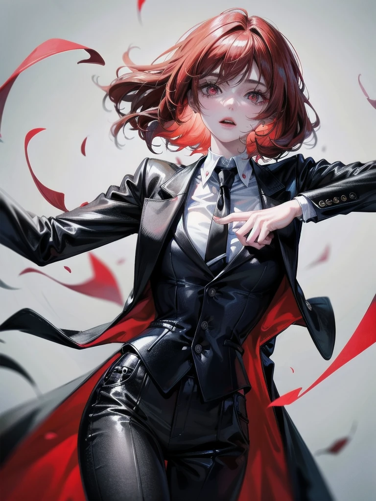 Redhead, bangs, Red eyes, Black gloves, Formal suit, tie, Jacket, pants, absurdres, RAW photo, extremely delicate and beautiful, masterpiece, Best Quality, ultra high resolution, 32k, hyperrealistic, ultra-detailed, detailed description, pale skin, 20 years old, tearful mole, earring, short medium hair, wavy hair, whole body shot,