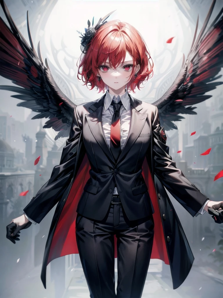 Redhead, bangs, Red eyes, Black gloves, Formal suit, tie, Jacket, pants, absurdres, RAW photo, extremely delicate and beautiful, masterpiece, Best Quality, ultra high resolution, 32k, hyperrealistic, ultra-detailed, detailed description, pale skin, 20 years old, tearful mole, earring, short medium hair, wavy hair, whole body shot,