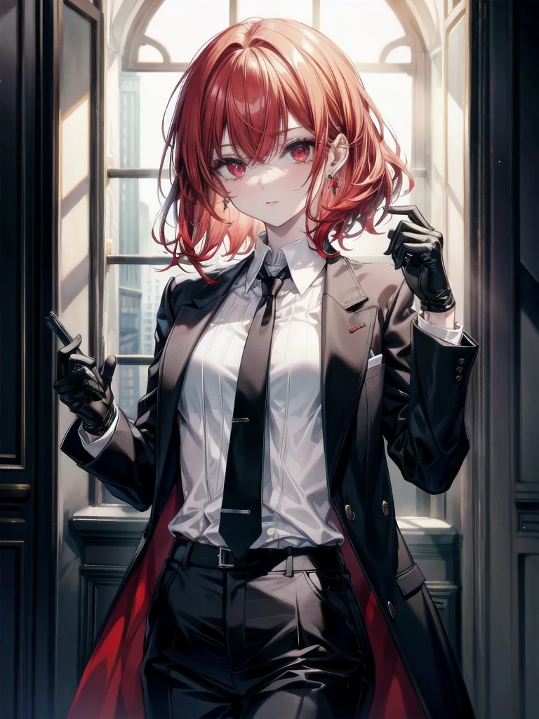 Redhead, bangs, Red eyes, Black gloves, Formal suit, tie, Jacket, pants, absurdres, RAW photo, extremely delicate and beautiful, masterpiece, Best Quality, ultra high resolution, 32k, hyperrealistic, ultra-detailed, detailed description, pale skin, 20 years old, tearful mole, earring, short medium hair, wavy hair, whole body shot,