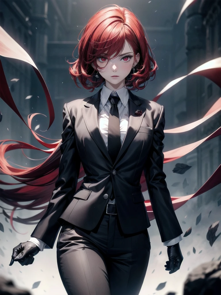Redhead, bangs, Red eyes, Black gloves, Formal suit, tie, Jacket, pants, absurdres, RAW photo, extremely delicate and beautiful, masterpiece, Best Quality, ultra high resolution, 32k, hyperrealistic, ultra-detailed, detailed description, pale skin, 20 years old, tearful mole, earring, short medium hair, wavy hair, whole body shot,