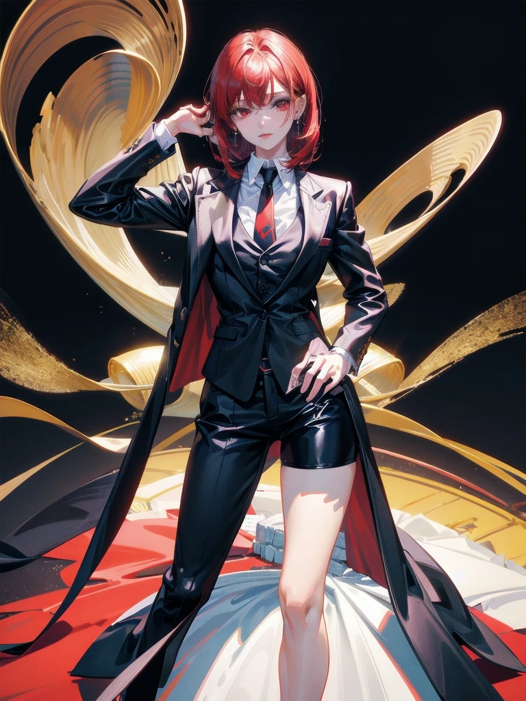 Redhead, bangs, Red eyes, Black gloves, Formal suit, tie, Jacket, pants, absurdres, RAW photo, extremely delicate and beautiful, masterpiece, Best Quality, ultra high resolution, 32k, hyperrealistic, ultra-detailed, detailed description, pale skin, 20 years old, tearful mole, earring, short medium hair, wavy hair, whole body shot,