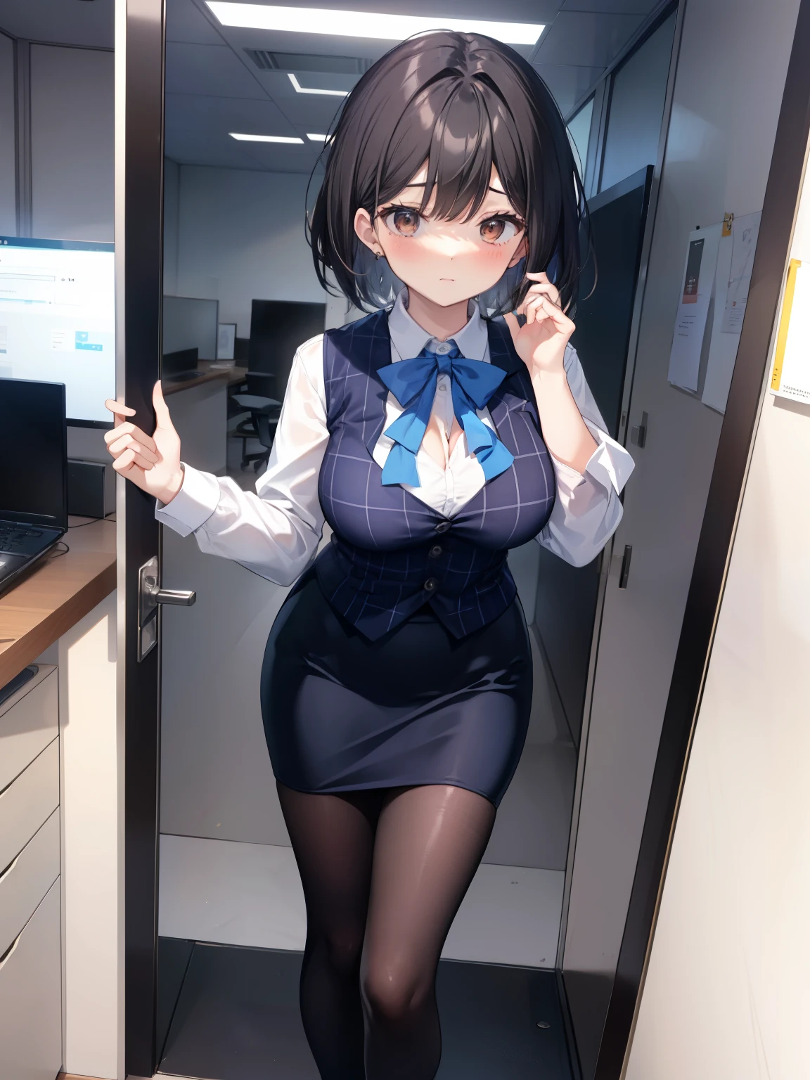 highest quality, Flying debris、Beautiful woman、officeレディー、Black Hair、(Brown eyes、Big Breasts)、short hair、チェック柄のダークブルーのofficeスーツ)、new employee,Full Body Shot、Female office lady、break(Dark blue checked vest、White dress shirt、Navy blue mini tight pencil skirt:1.2)、(Black knee-high、Absolute area、High heels)、break(office:1.3)、Cleavage、Unbutton your shirt、blush、Embarrassed、Troubled face、The skirt is torn、Standing posture