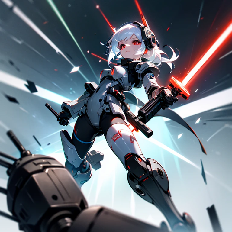 The android the right (white hair, broken armor, extremely cute, lightsaber in left hand, beam rifle in right hand, , , big eyes, inappropriate smiling expression, mouth open) ,AND, on the left Robot (powerful, black body, red eyes, lumpy, mechanical, doll robot, two hands are hammers),overquality,HD