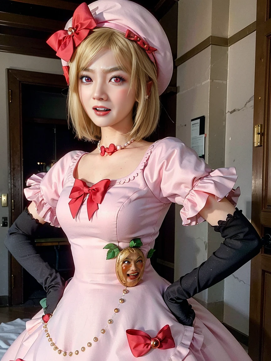 (1 lady), The beautiful, (Best quality at best:1.4), (ultra - detailed), (extremely detailed CG unified 16k), gold blonde hair, very detailed, High-definition RAW color photo, professional photoshooting, amazing face and eyes, cosmetics, (amazingly beautiful girl), ((lambdadelta, tall woman, taller)), ((dress, red bow, pink hat, necklace, gloves, pearl, pink dress)), standing, realistic cinematic face, photo portrait, upper body (shoulders to head), photorealistic, ((realistic natural blonde hair style, red eyes)), gorgeous, extremely beautiful face, perfect model beauty, pout mouth, flirting smile, cleavages, city girl, western, (masterpiece), best quality, high resolution, extremely detailed, blurred background, depth of field, cinematic lighting, clear and well-cared skin