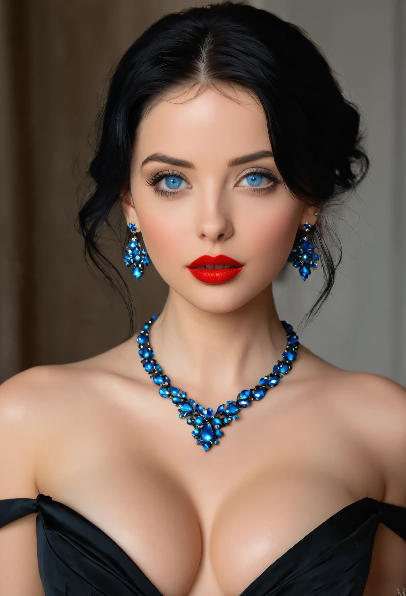 (masterpiece, best quality:1.2), bellissima 1girl, solo, breasts, looking at viewer, blue eyes, black hair, dress, cleavage, bare shoulders, jewelry, collarbone, earrings, parted lips, necklace, mole, lips, makeup, lipstick, realistic, red lips