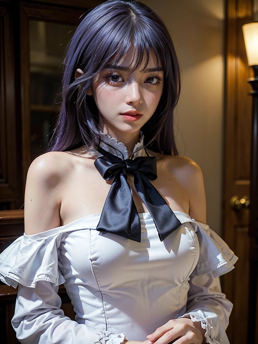 (1 lady), (Best quality at best:1.4), (ultra - detailed), (extremely detailed CG unified 16k), very detailed, High-definition RAW color photo, professional photoshooting, amazing face and eyes, cosmetics, (amazingly beautiful girl), ((frederica bernkastel)), ((purple bow, dress, frills)), standing, sexyposture, realistic cinematic face, photo portrait, perfectly visible upper body (shoulders to head), photorealistic, ((realistic natural purple hair style, purple eyes, long hair)), gorgeous, extremely beautiful face, perfect model beauty, pout mouth, Highly Detailed Face and Skin Texture, Detailed Eyes, Double Eyelids, Big Breasts, Smile, cleavages, western, (masterpiece), best quality, high resolution, extremely detailed, blurred background, depth of field, cinematic lighting, clear and well-cared skin