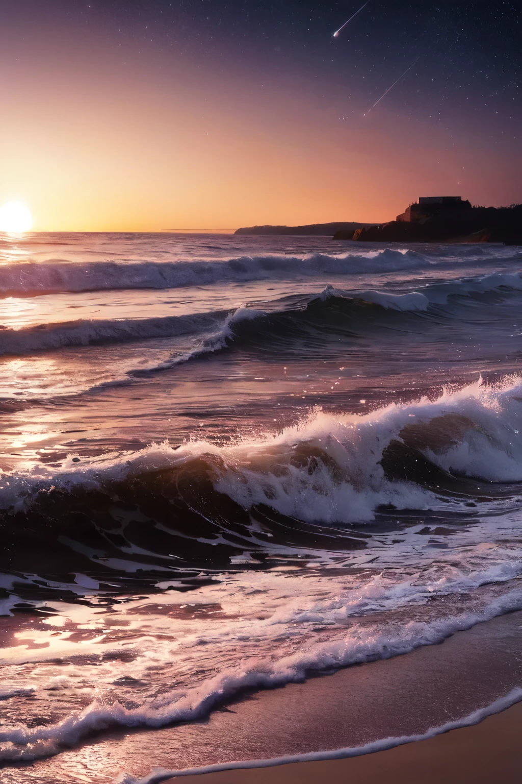 Sea，Sunset，spread your wings，There is a little starlight in the sky，There are waves ，Blue-purple hue，Romantic atmosphere,(Best quality details:1.2),8K HD