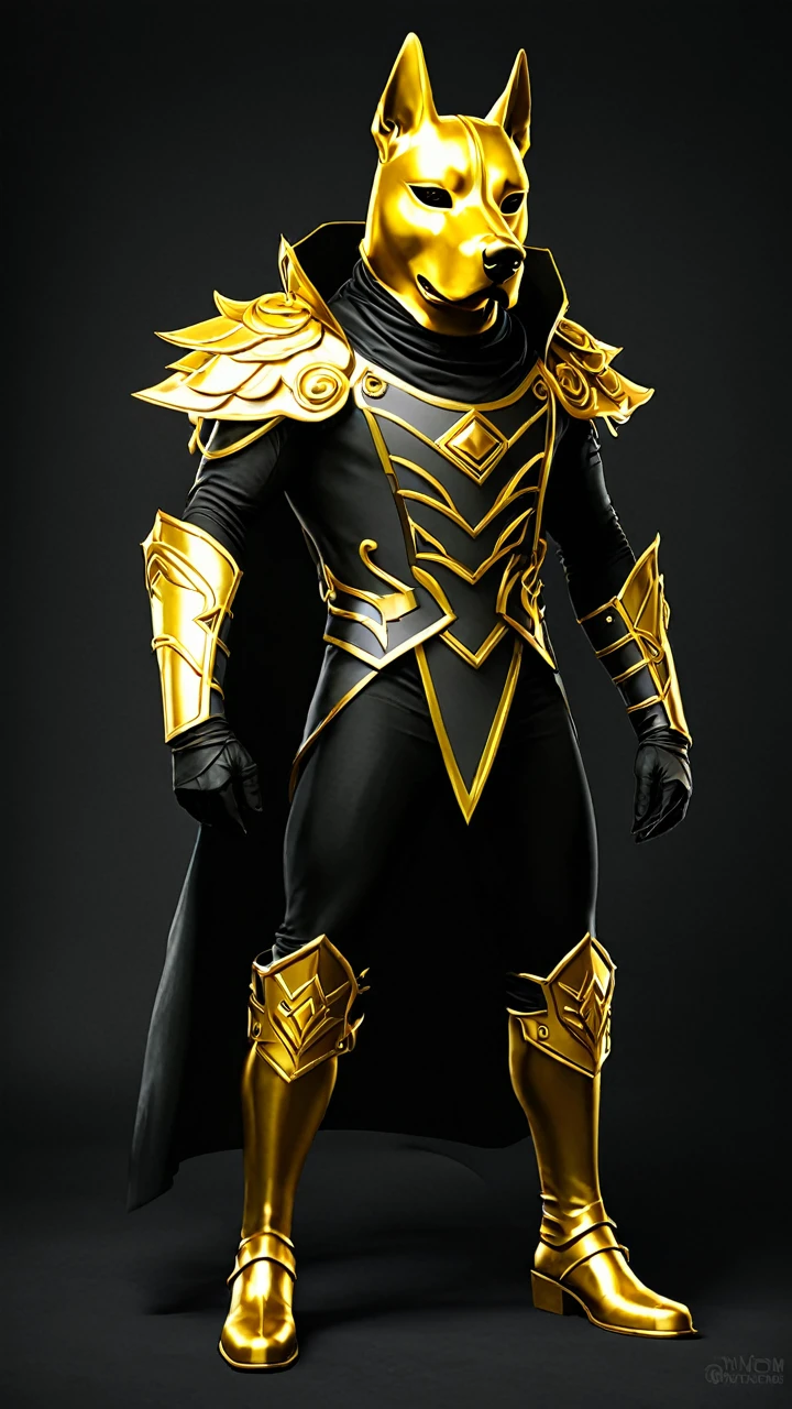 RPG villain wearing a golden dog mask