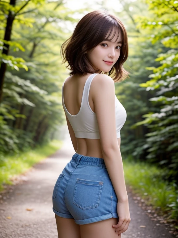 masterpiece, highest quality, High resolution, wallpaper, Realistic, Bright lighting, Professional Lighting, Face Light, Smooth lighting, Japanese Girls, ((Whole body 1.4)),Shot from behind,Face facing the viewer, cute, smile, beautiful girl, gravure, sexy, so beautiful, Beautiful Skin, Beautiful and detailed、Detailed face、slim、Moderate, short hair, Brunette colored hair, Brown eyes, View your viewers,Tank top, Short-length shorts,Morning sun shining through a misty forest path.Small,