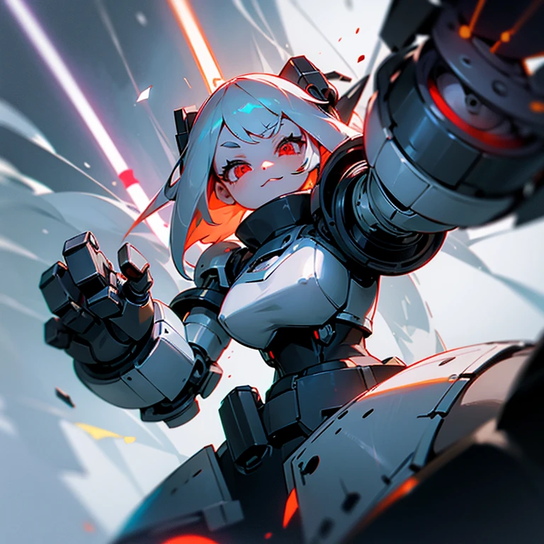 The android girl on the right (white hair, broken armor, extremely cute, lightsaber in left hand, beam rifle in right hand, , , big eyes, inappropriate smiling expression, mouth open) ,AND, on the left Robot (powerful, black body, red eyes, lumpy, mechanical, doll robot, two hands are hammers),overquality,HD,side