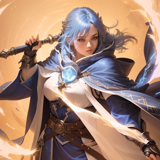 A cute blue-haired female sorceress holding a wand in her left hand (wearing large pauldrons, blue cloak, belts, white shirt, casting a spell