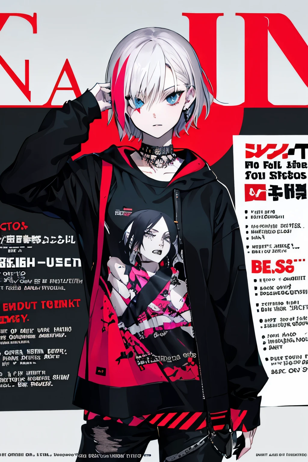 magazine cover, poster, text, model, fashionable, dark clothes, punk girl