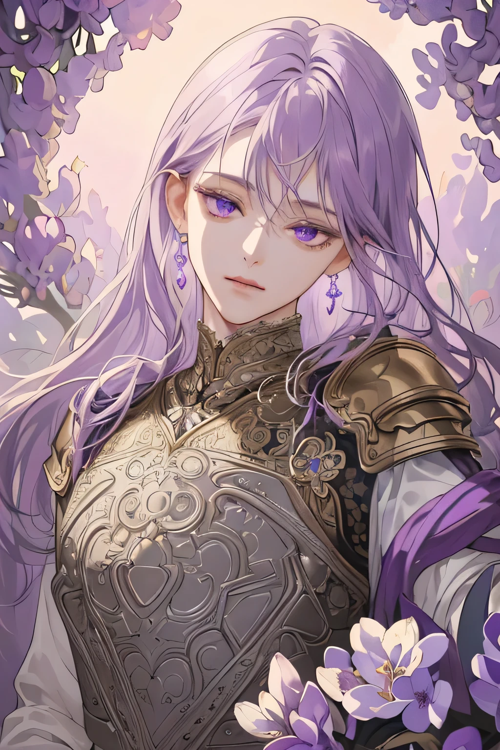 (extreamly delicate and beautiful:1.2), 8K,(masterpiece:1.0),(best_quality:1.0), 1boy, and intricate detailing, Enlarged textures, and intricate detailing, finely eye and detailed face, and intricate detailing, shiraga, lilac long hair, (closed mouths), Perfect eyes, Equal eyes, purple eyes (A Male god) with body armor, look at camera, perfect body