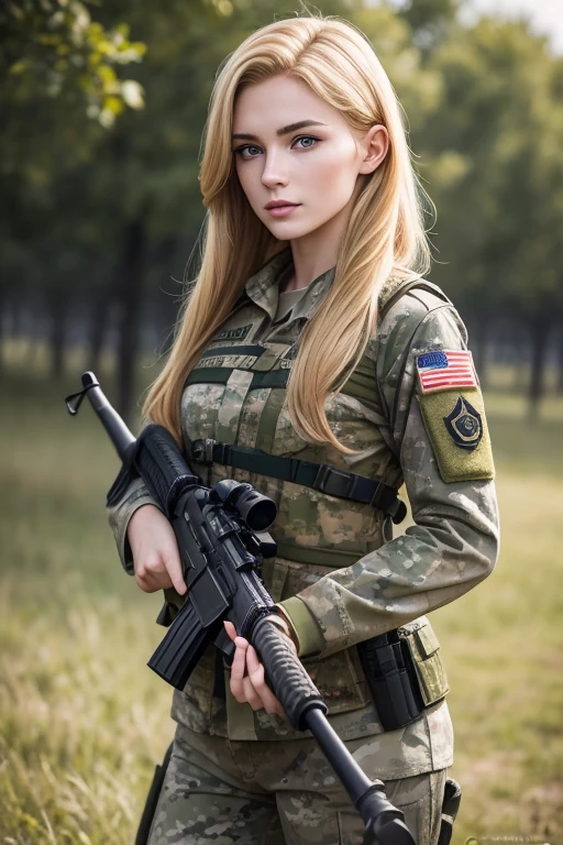 soldier fortune,beautiful young European woman, flattering golden hair,camouflage uniform,snipers ruffle M-16,realistic,real photorealistic,