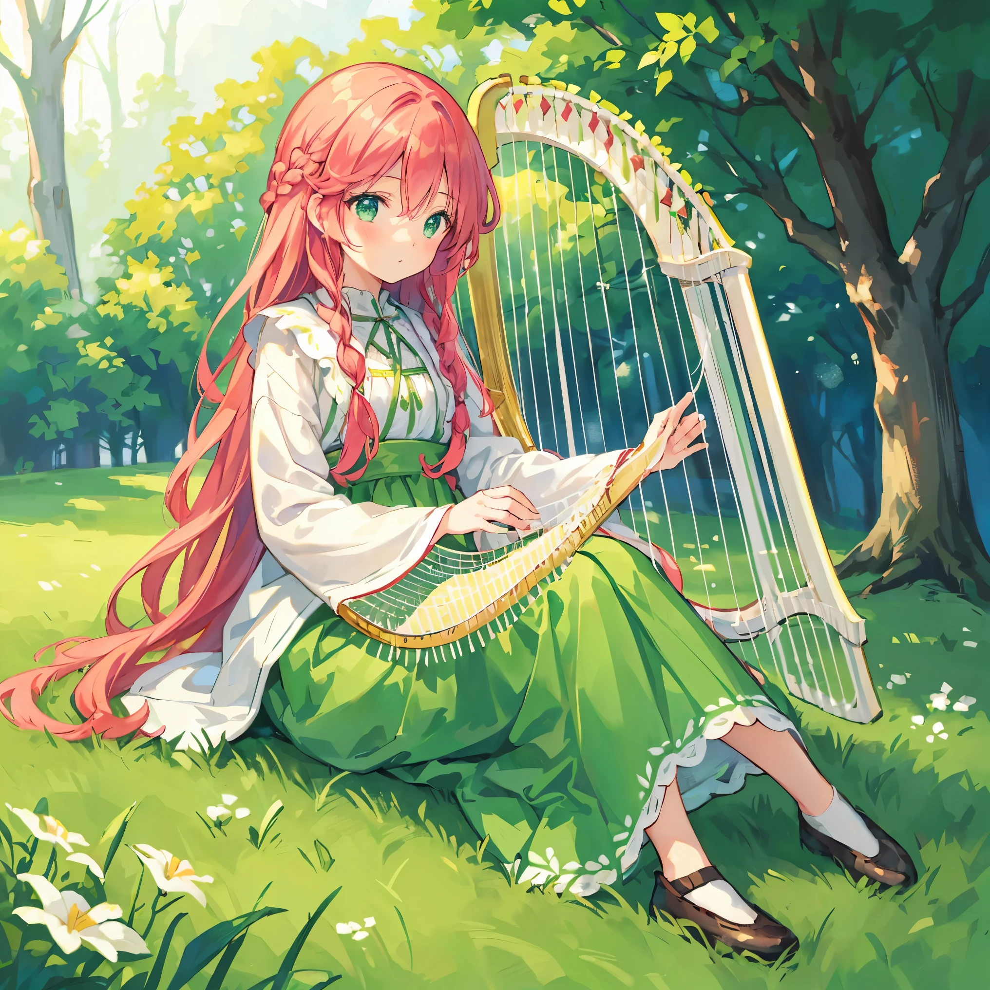 Beautiful illustration, best quality, cute girl, (on a green field), ((Small trees at background)), sunlight illumination, pastel color, long braided redhair, traditional irish outfit, ((Harp)), serene face, bright light, big eyes, ((sitting))