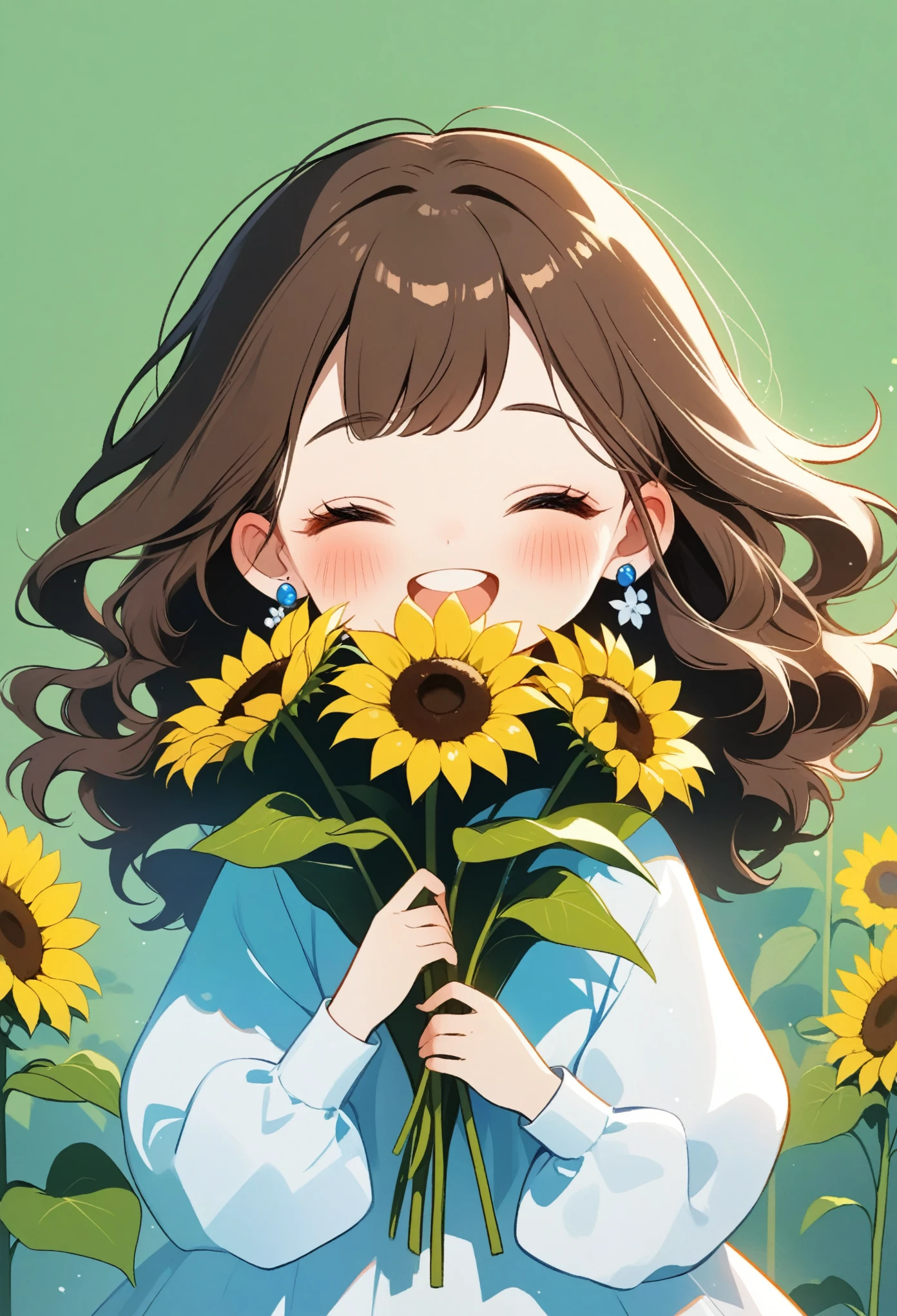 1girl, solo, blush, smile, open_mouth, simple_background, brown_hair, shirt, long_sleeves, dress, holding, jewelry, closed_eyes, white_shirt, upper_body, flower, earrings, teeth, puffy_sleeves, bag, leaf, facing_viewer, puffy_long_sleeves, green_background, curly_hair, yellow_flower, sunflower, holding_flower, flower_earrings