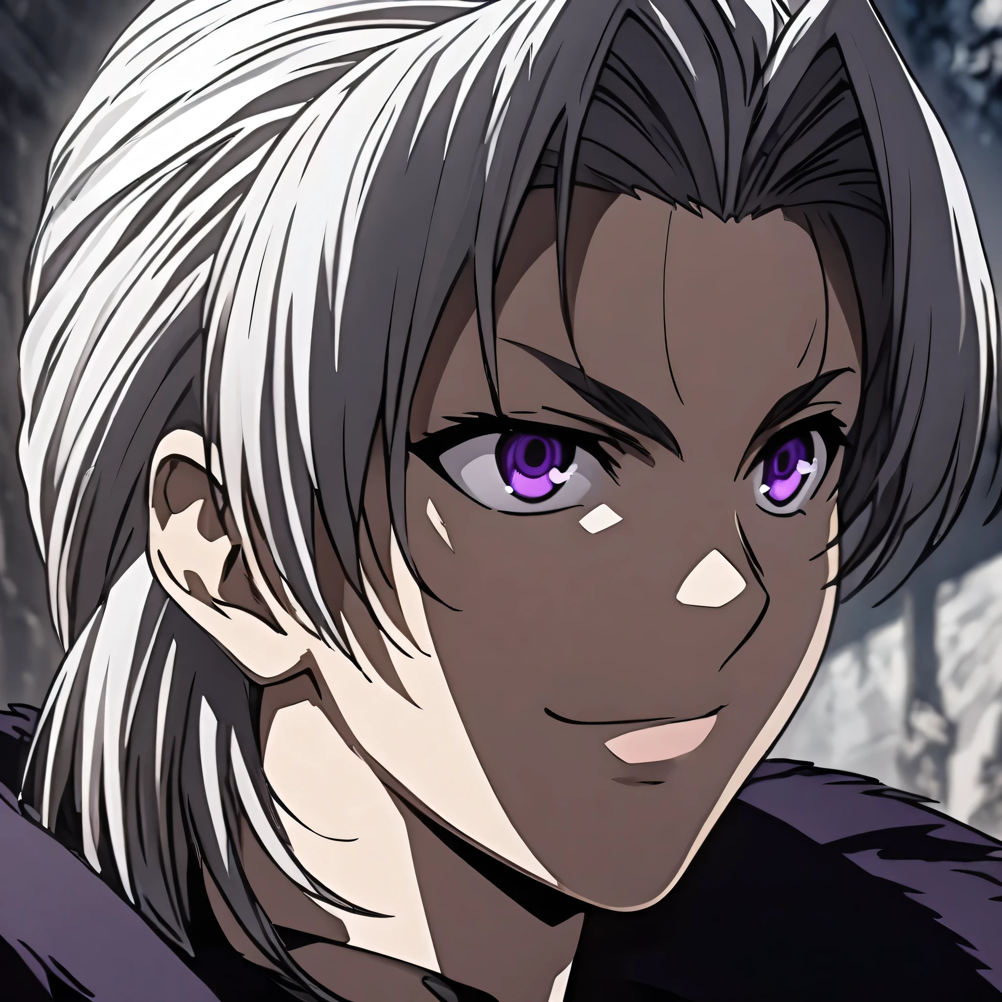 (masterpiece),(best quality),(ultra-detailed),(best illustration),(best shadow),(absurdres),(detailed background),(very aesthetic),creed diskenth, 1boy, silver hair, purple eyes, portrait, smile, 