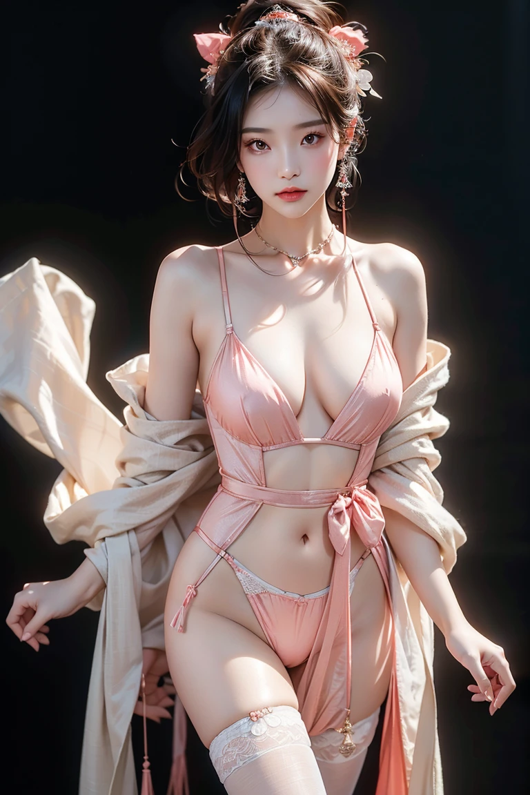 8K Ultra HD、Digital SLR Camera、Soft lighting、high quality、Volumetric Lighting、frank、photo、high resolution、4K、8k、Bokeh,The eyes and face are very detailed,Warm colors, Very high color saturation,Reveal a faint smile, Pretty Face,Create stunning images of real girls, warm light, Dynamic poses, Elegant posture,Looks confident from the front,Dynamic poses,Front standing posture,(Looking at the audience:1.1) ,Legs slightly apart,black background,25-year-old Chinese-American female student, Brown hair、Gradient Hairstyle,Cyberpunk hairstyle,Striped hair, Hair accessories, Heart-shaped pupil, cosmetic, Golden ratio figure, Minimalism,Transparent and visible skin,Off-shoulder, High waist,clavicle, Coral pink dress,Transparent clothing,Transparent Hanfu, Transparent tang costume,Silk bikini bra,Sexy, (Full breasts、Cleavage,SexyCleavage、very detailed breasts, 34E cup size),(Transparent knee-high socks,Garter belt、Garter belt ring、Leg garters)