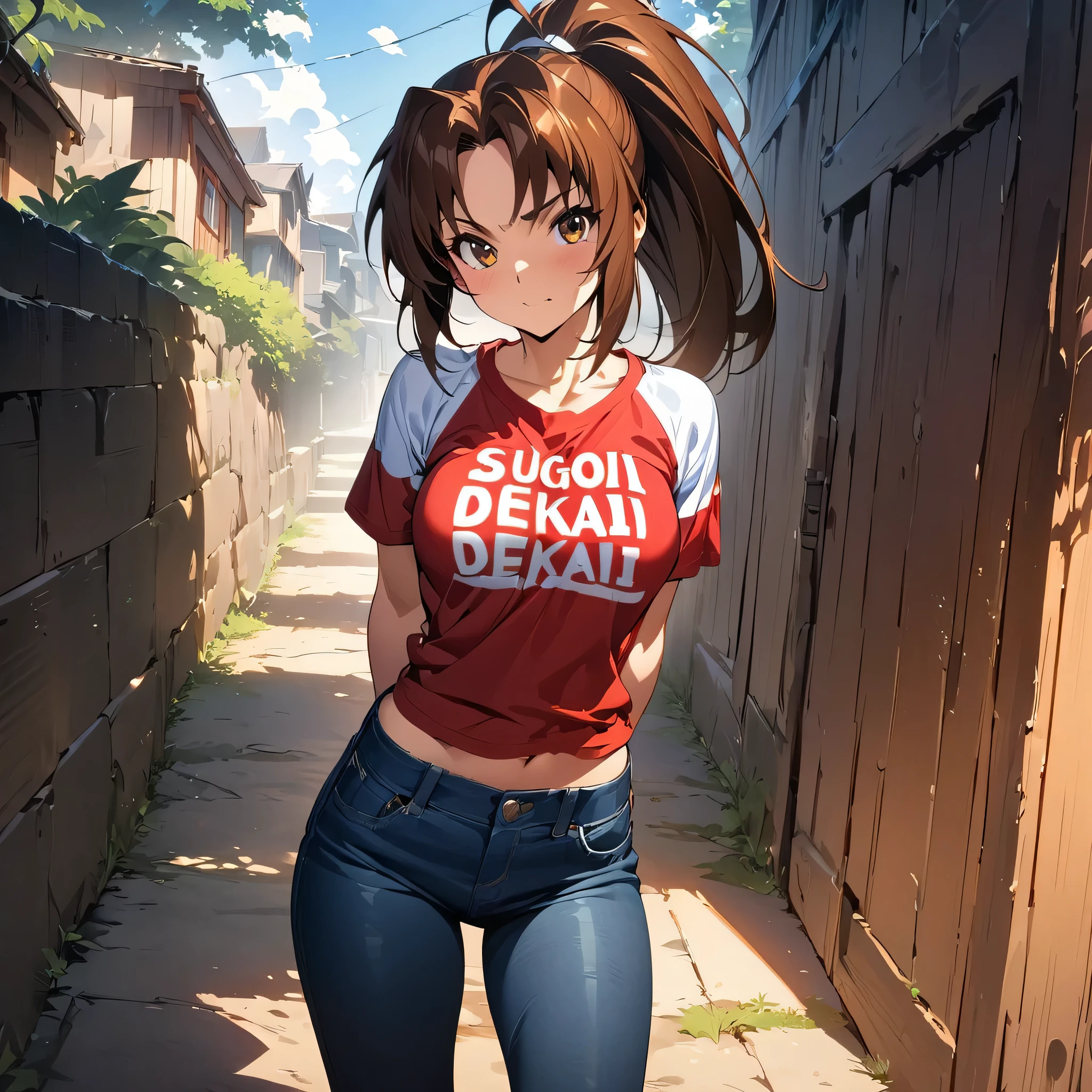 (masterpiece),(best quality),(ultra-detailed),(best illustration),(best shadow),(absurdres),(detailed background),(very aesthetic), mai shiranui, ponytail, brown hair, brown eyes, t-shirt, upper body, sugoi dekai, jeans, hands behind back, arms behind back, 