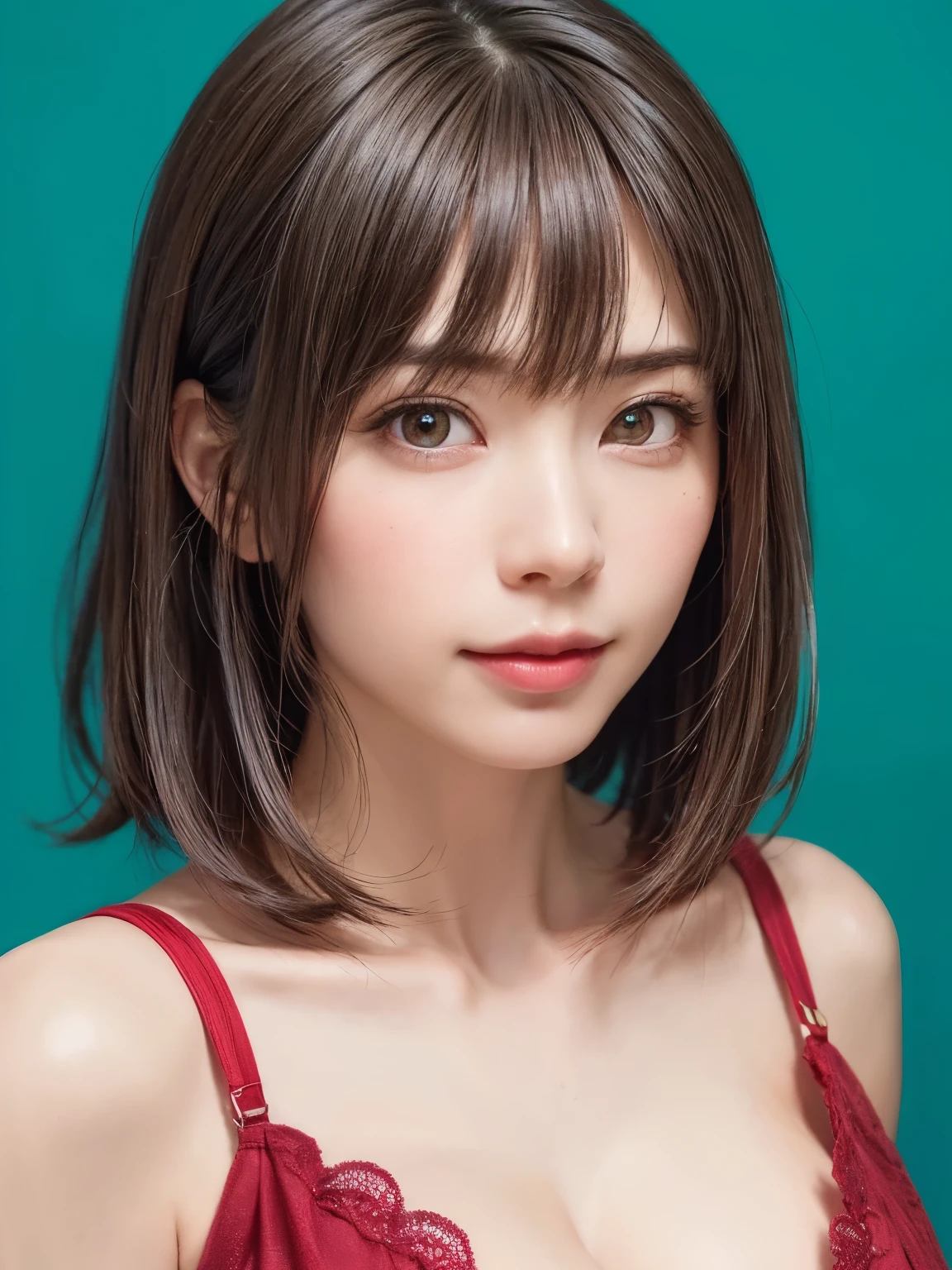 (software:1.8、masterpiece, highest quality),1 girl, alone, hyper Realistic, Realistic,Realistic, Looking at the audience, Light brown eyes:1.4,Brunette Short Bob Hair with highly detailed shiny hair, bright red clothes:1.5, Lepangas:1.4), Mouth closed, Upper Body、big chest eye、eyelash、{Huge|big chest|Huge|Mega} whole :2, Chest cleavage:2、(((Add highlights to the eyes:1.4、big chest eye、Short Bob Hair、Glowing Skin:1.4、Looking at the audience、She is very 美しい and cute、Show me your ears、Beautiful long neck、smile、Close your mouth and smile、Bangs and beautiful teeth)))、Ideal body type、((Very simple blue background:2))、Beautiful long neck:1.4、(({Huge|big|Huge|Mega} chest, Chest cleavage:2))、(((Portraiture:2、Face close-up:2、Face close-up:2)))、Perfect Anatomy without clothes