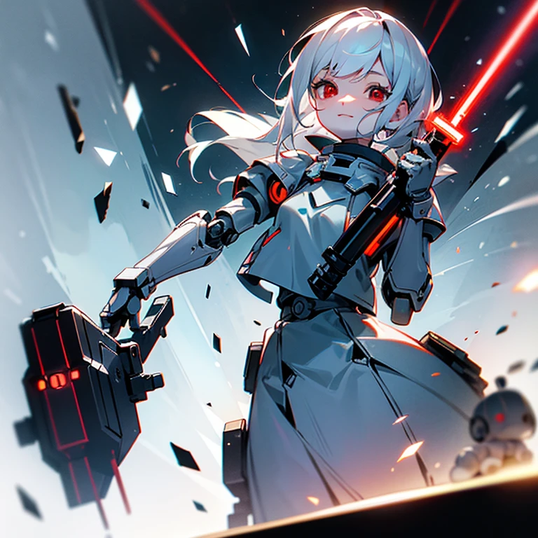 The android girl on the right (white hair, broken armor, extremely cute, lightsaber in left hand, beam rifle in right hand, , , big eyes, inappropriate smiling expression, mouth open) ,AND, on the left Robot (powerful, black body, red eyes, lumpy, mechanical, doll robot, two hands are hammers),overquality,HD,side、Full body cut