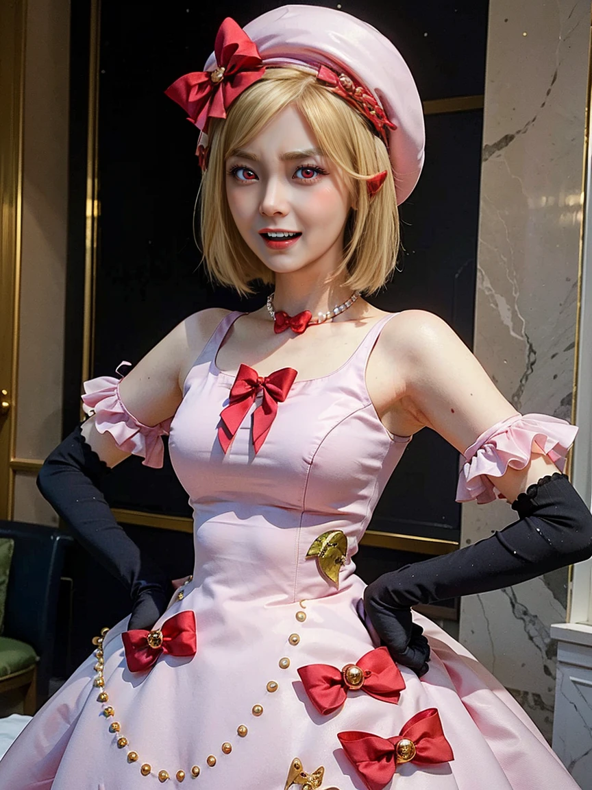 (1 lady), The beautiful, (Best quality at best:1.4), (ultra - detailed), (extremely detailed CG unified 16k), gold blonde hair, very detailed, High-definition RAW color photo, professional photoshooting, amazing face and eyes, cosmetics, (amazingly beautiful girl), ((lambdadelta, tall woman, taller)), ((dress, red bow, pink hat, necklace, gloves, pearl, pink dress)), standing, realistic cinematic face, photo portrait, upper body (shoulders to head), photorealistic, ((realistic natural blonde hair style, red eyes)), gorgeous, extremely beautiful face, perfect model beauty, pout mouth, flirting smile, cleavages, city girl, western, (masterpiece), best quality, high resolution, extremely detailed, blurred background, depth of field, cinematic lighting, clear and well-cared skin