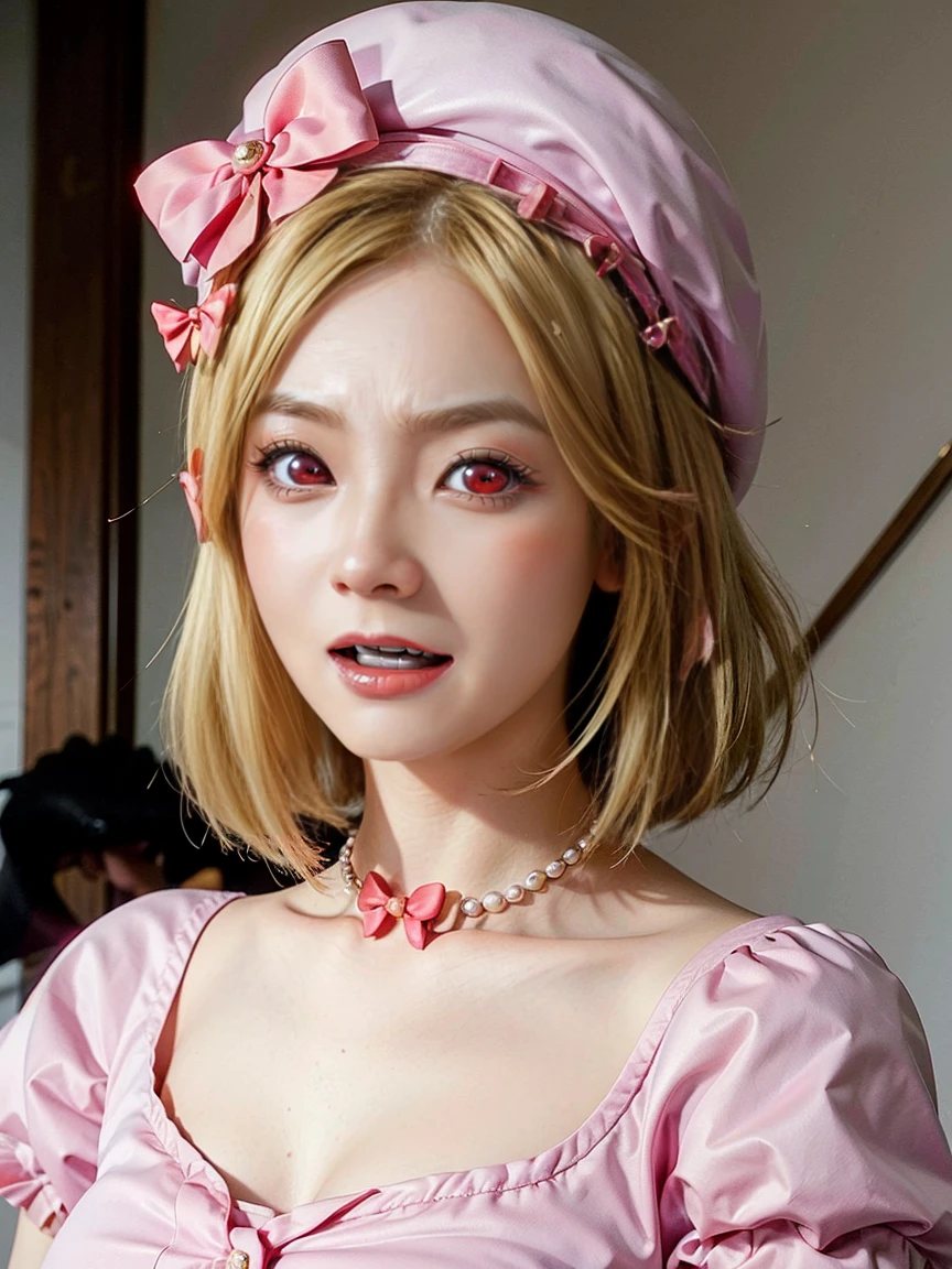 (1 lady), The beautiful, (Best quality at best:1.4), (ultra - detailed), (extremely detailed CG unified 16k), gold blonde hair, very detailed, High-definition RAW color photo, professional photoshooting, amazing face and eyes, cosmetics, (amazingly beautiful girl), ((lambdadelta, tall woman, taller)), ((dress, red bow, pink hat, necklace, gloves, pearl, pink dress)), standing, realistic cinematic face, photo portrait, upper body (shoulders to head), photorealistic, ((realistic natural blonde hair style, red eyes)), gorgeous, extremely beautiful face, perfect model beauty, pout mouth, flirting smile, cleavages, city girl, western, (masterpiece), best quality, high resolution, extremely detailed, blurred background, depth of field, cinematic lighting, clear and well-cared skin