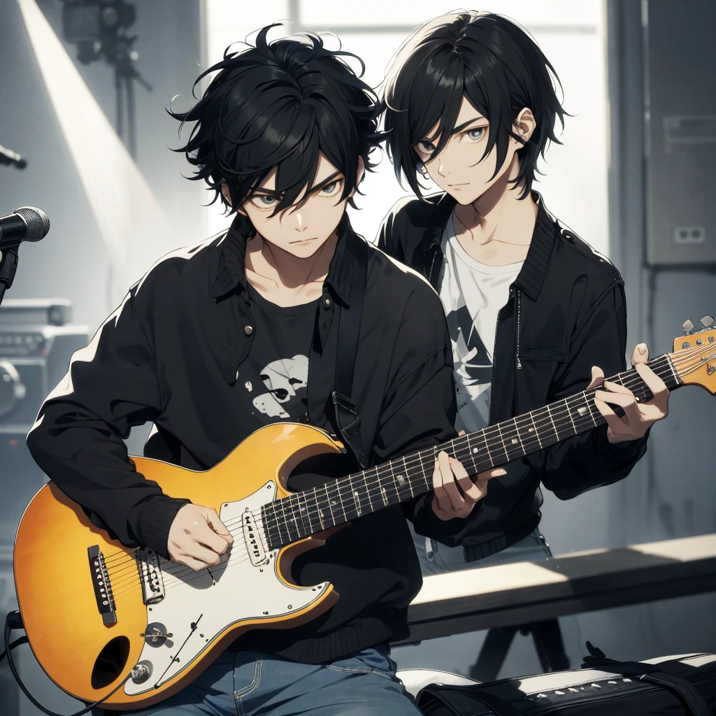 Garoto Antisocial Rockero, playing the guitar with a sad expression Heavy black hair falling over his eyes, capuz baixo coberto de filhos de franjas
Traje emprestado, com botas pretas e jeans estreitos, playing black electric guitar Not even the brightest light can dazzle this sadness that reigns in your eyes, the sharp and precise fingers move rhythmically and passionately over the guitar strings Subtle shadows of darkness