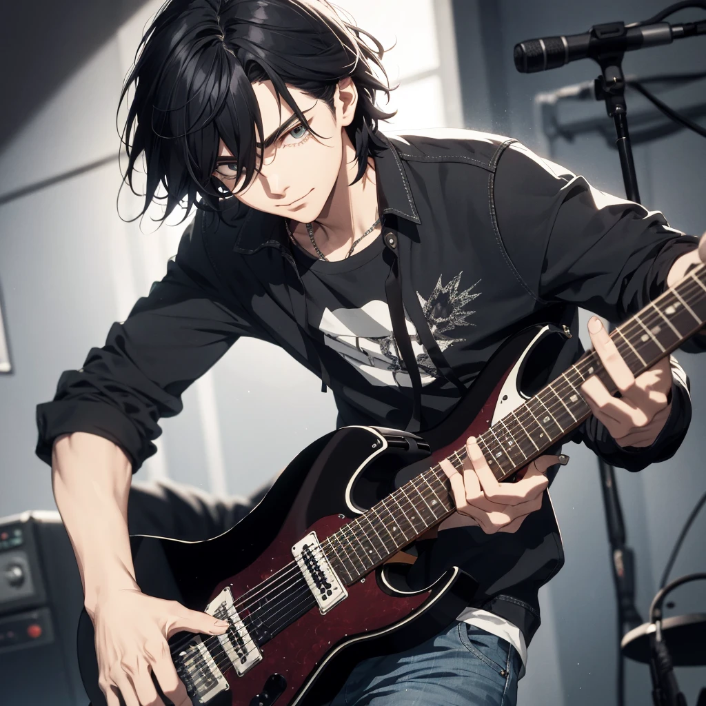 Garoto Antisocial Rockero, playing the guitar with a sad expression Heavy black hair falling over his eyes, capuz baixo coberto de filhos de franjas
Traje emprestado, com botas pretas e jeans estreitos, playing black electric guitar Not even the brightest light can dazzle this sadness that reigns in your eyes, the sharp and precise fingers move rhythmically and passionately over the guitar strings Subtle shadows of darkness