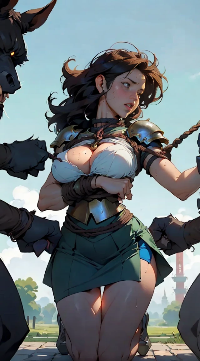 (best quality,highres),(realistic:1.37),(portrait),(studio lighting), ,solo mature woman,curvy, giant breasts, large perfect ass,straight brown hair, brown eyes,full lips, dying, ((lifted dark blue skirt)), ((breastplate:1.2)), ((pussy view)), ((hanged:1.2))), (((mother surrounded by exited men:1.2))), (((huge erected beast penises))), (((she is restrained by rope:1.2))), (((she is strangled by rope:1.3))), (((on gallows))), (((Sophie Marceau:1.2))), (((head hanged by noose rope around neck:1.2))), (((orcs))), (((one naked natural sagging breast))), (((gibbet:1.2))), (((tense rope above her head:1))), (((medieval))), (((ultra big realistic horse penises:1.3))), (((she is grabbed by a man behind her))), (((hit by a toothy orc:1.2))), (((molested by horse penises:1.2))), (((penetrated pussy view:1.2))), (((strangled:1.2))), (((sweaty skin))), (((on her knees)))