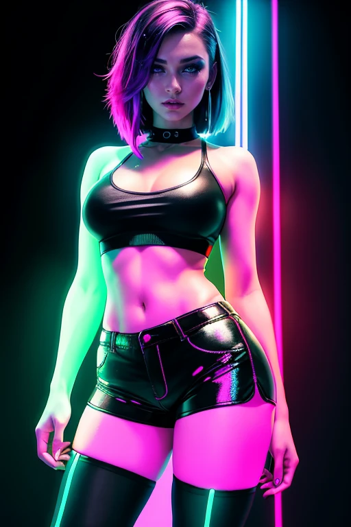 there is a woman standing with a rainbow light, 3 d neon art of a womans body, neon-noir background, cyberpunk femme fatale, seductive cyberpunk dark fantasy, ((tight shorts:1.4)), cyberpunk strip clubs, cyberpunk 20 y. o model girl, oppai cyberpunk, banner, high definition cgsociety, cgsociety masterpiece, trending on cgstation, kda