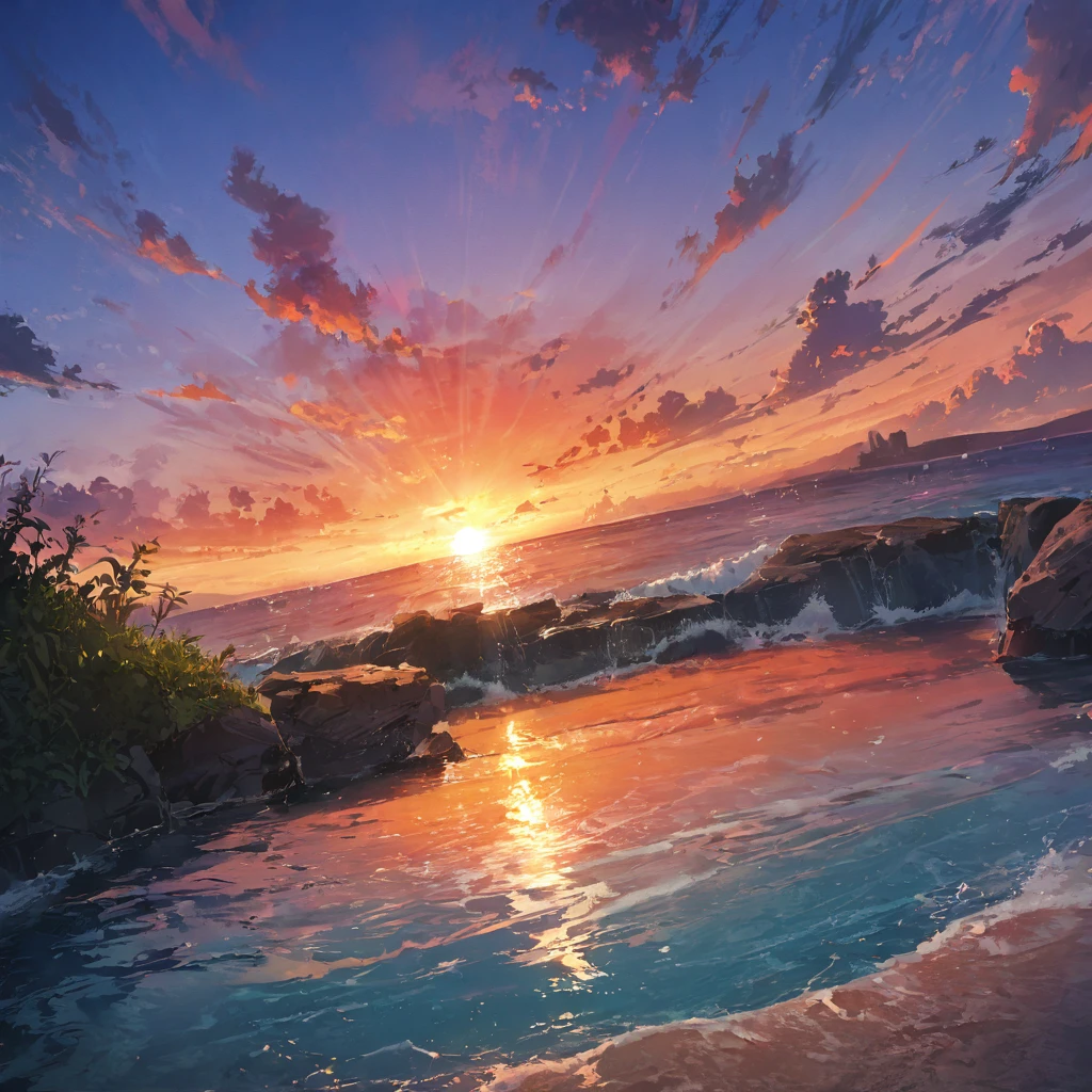 (best quality,highres,masterpiece:1.2),ultra-detailed,realistic:1.37,sunset colors,vivid lighting,spectacular scenery,endless sea view from the breakwater,laid on the breakwater and overlooking the horizon,view from an extremely low angle,where the ocean meets the vast sky,picturesque gradient of the sunset sky,breathtaking moment,a scene that takes your breath away,the sun setting behind the sea,beautiful backlighting,an orange road formed by the evening sun is stunning