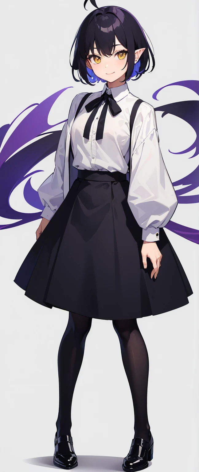 whole body, upright, front, shoes, One Woman, smile, Black hair mixed with purple, Short hair to the shoulders, Hair between the eyes, Ahoge, Yellow Eyes, Pointed Ears, Stylish clothing, Jacket, White dress shirt, Black ribbon at neck, Tight skirt,Wearing pumps, Place your arms at your sides, Open chest, 優しいsmile, masterpiece, high quality, whole body, shoesを履いている, frontを向いている, Are standing,Simple white background, View your viewers, Pointed Ears,whole body,frontを向いて, upright